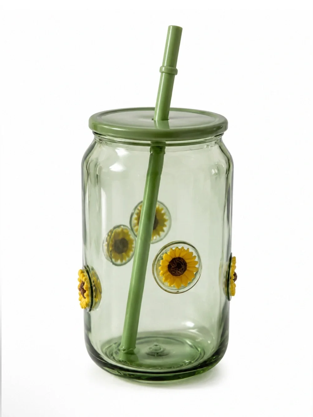Anthropologie Green Glass Sunflower Tumbler with Straw